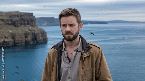 Obraz Coastal contemplation rugged landscape thoughtful man serene ocean view