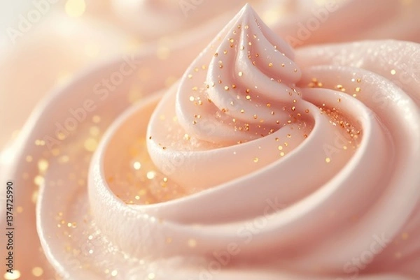 Fototapeta Close-up of swirled pink frosting with gold sprinkles, creating a luxurious and elegant dessert.