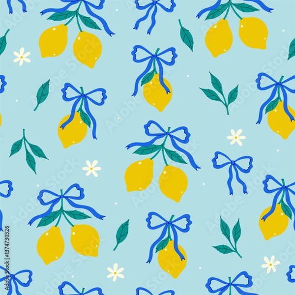 Obraz Seamless pattern with lemons and blue ribbons on a light blue background. Vector graphics.