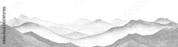 Fototapeta Gritty stippled pattern with abstract undulating rocky mountain background. Grainy overlayed monochrome backdrop with flowing lines like hills. Vector illustration of noise stipple halftone texture.