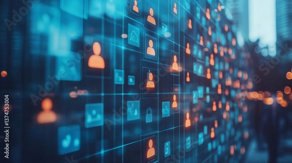 Obraz A glowing modern network of user icons symbolizing IAM (Identity and Access Management) roles and access control in a digital environment, representing secure data connections and user permissions.

