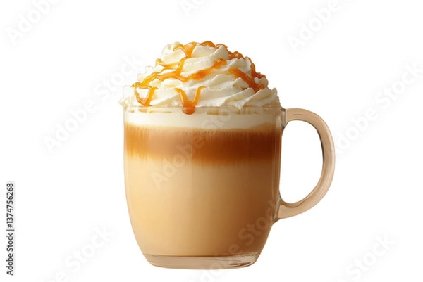 Obraz A clear mug filled with layered caramel latte and whipped cream on a black background view from front