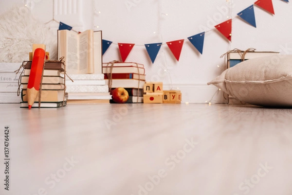 Obraz A cozy study corner with bunting and wooden toys, perfect for a child's transition to school life.