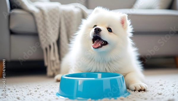 Fototapeta Fluffy white puppy lying down next to a bright blue empty food bowl. Indoor shot capturing a cute Samoyed puppy anticipating mealtime