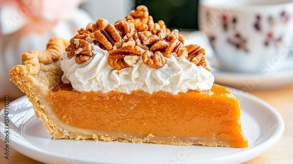 Fototapeta   Pumpkin pie on plate with whipped cream & pecans, coffee behind