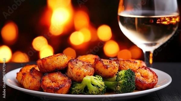 Fototapeta   A clear photo of a plate of broccoli and wine on a plain background