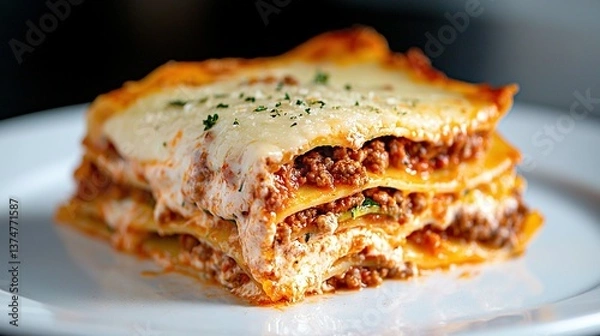 Fototapeta   A lasagna tower on a white plate, adorned with a verdant garnish