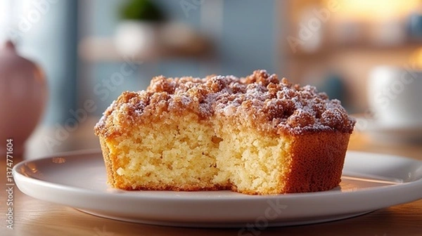 Fototapeta   Close-up of a muffin on a plate with a bite taken out of one
