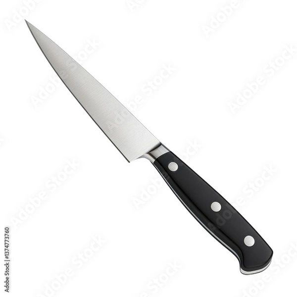 Fototapeta A sharp paring knife with a sleek black handle, poised for precise kitchen tasks against a clean white background.