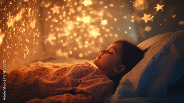 Obraz A child sleeping peacefully with glowing stars projected on the ceiling.