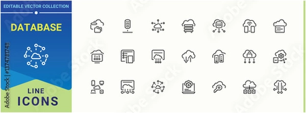 Fototapeta Database icon set. Containing network, networking, server, computing, hosting, tech, cloud and more. Cloud Server icon. Simple line vector icons. Editable stroke collections.