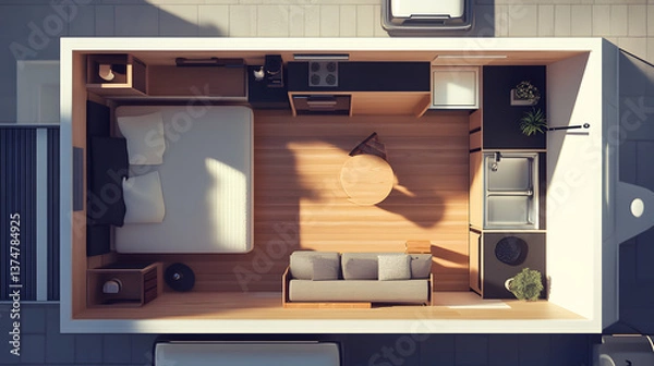 Fototapeta A top-down 3D rendering of a stylish tiny home showcasing an optimized space with multifunctional furniture and sleek storage solutions.