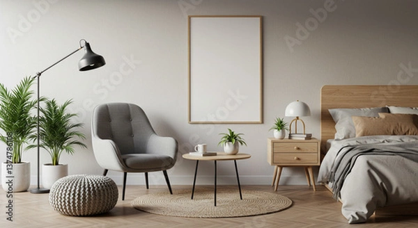 Obraz Serene bedroom sanctuary featuring a cozy grey armchair, inviting wooden bed, and calming neutral tones, enhancing a sense of tranquility and minimalist elegance.