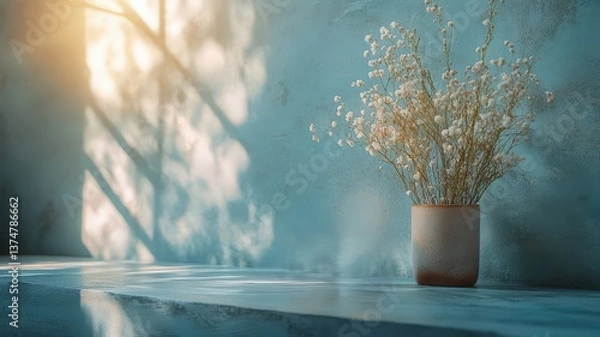 Obraz  Botanical Elegance: Ceramic Vase with Delicate White Flowers Against a Textured Blue Wall