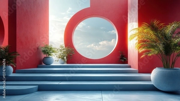 Obraz Geometric Contrast: Modern Architecture with Vibrant Red Walls and Circular Openings Amidst Greenery
