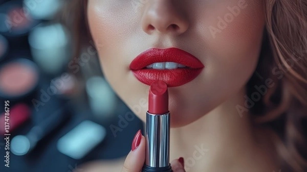Obraz woman Vibrant Accent: Hand with Red Nails Holding Red Lipstick Against Blurred Makeup Accessories Backgroundapplying lipstick