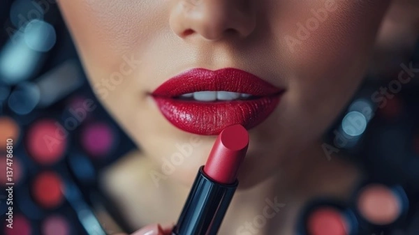 Obraz Vibrant Accent: Hand with Red Nails Holding Red Lipstick Against Blurred Makeup Accessories Background