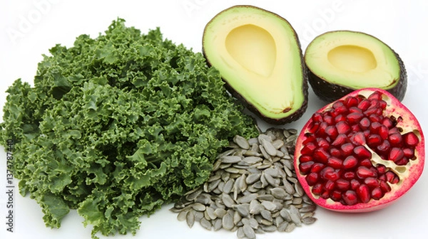 Fototapeta A detox kale salad with avocado pomegranate and sunflower seeds.