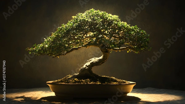 Fototapeta A dramatic night shot of a bonsai tree illuminated by a soft light source.
