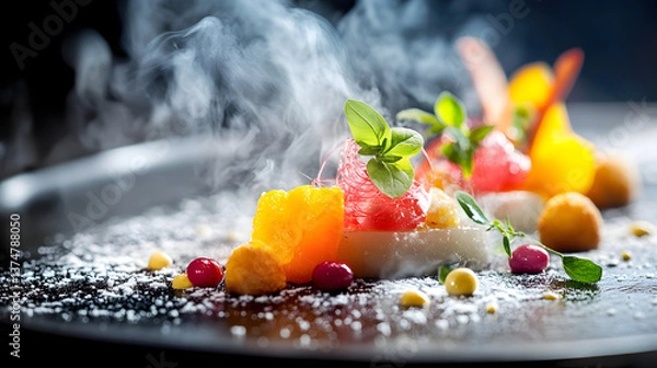 Fototapeta A fine dining amuse-bouche selection with molecular gastronomy elements.