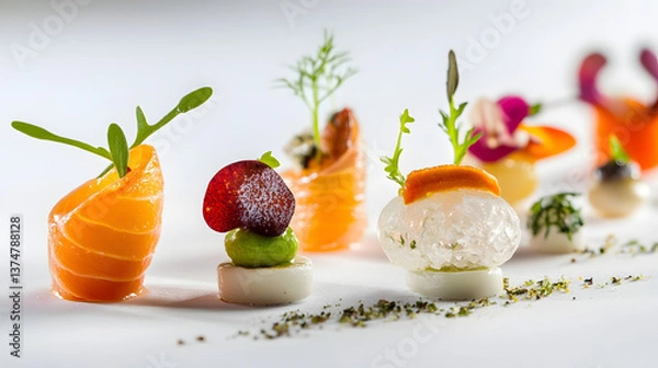 Fototapeta A fine dining amuse-bouche selection with molecular gastronomy elements.