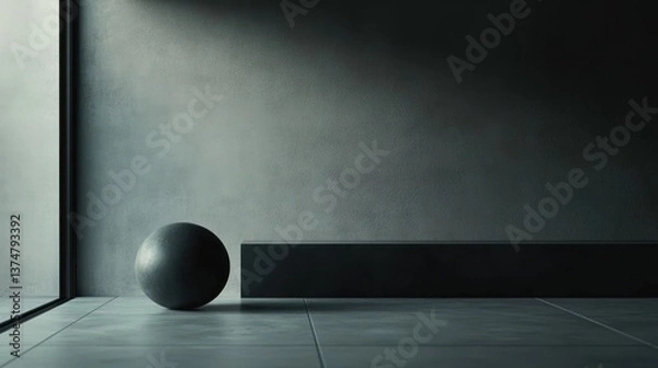 Fototapeta A Spherical Sculpture in a Modern Minimalist Setting, Background  Featuring Smooth Concrete, Linear Accents, and a Subtle Play of Light and Shadow