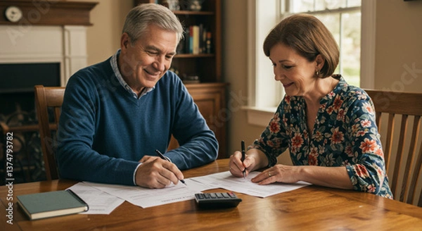 Fototapeta A retired couple carefully reviewing their financial documents together at home, enjoying a peaceful moment of planning for the future with warm, soft indoor lighting.