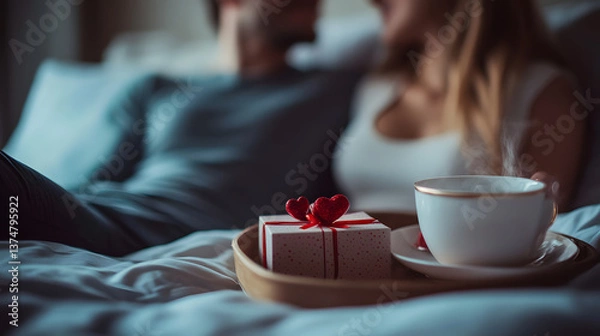 Obraz A couple enjoying breakfast in bed with a small Valentines Day gift box on the tray.