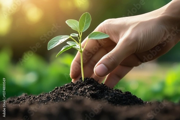 Fototapeta Hand holding a young plant or seedling over a blurred green nature sunlight background, an Earth Day concept