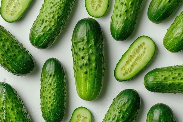 Fototapeta Vertical composition of ripe, vibrant green cucumbers on a white background, some sliced, top down view 