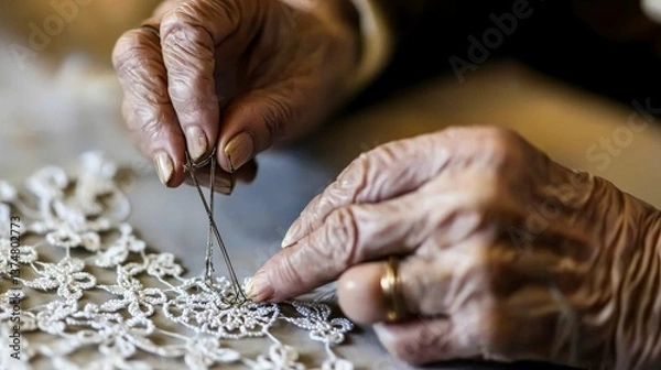 Fototapeta Elderly Woman Skillfully Working on Lace Tatting with a Shuttle
