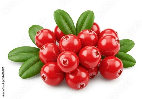 Fototapeta A pile of vibrant red cranberries with fresh green leaves on a clean white background surface view