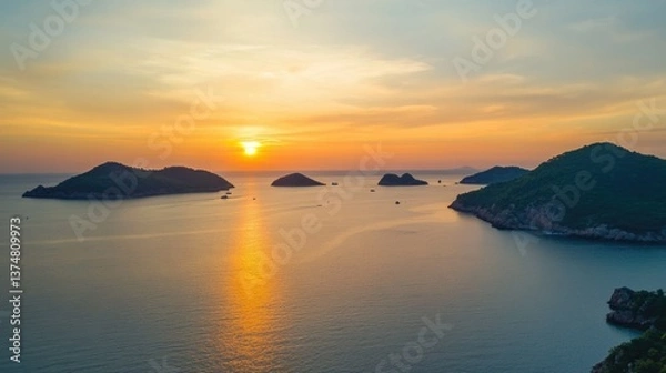 Obraz Golden hour over the sea with a few islands