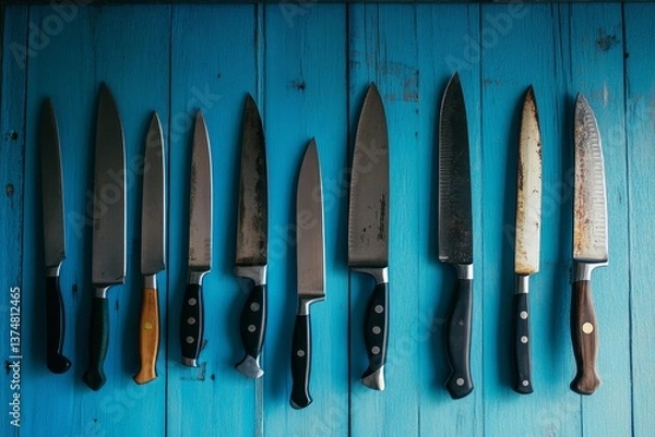 Fototapeta Set of knives on a blue wooden background. View from above.