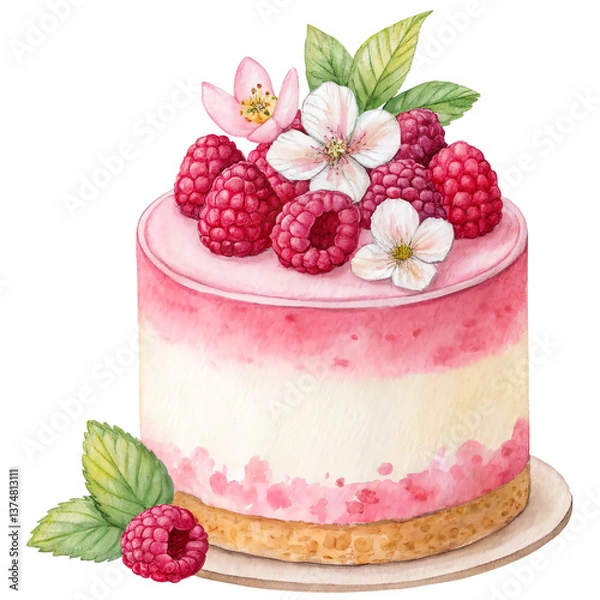 Obraz Raspberry portioned mini cheesecake decorated flowers. Watercolor isolated food illustration.