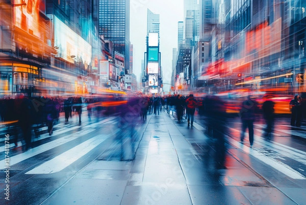 Fototapeta Walking in Times Square New York with Blurred Motion and City Lights