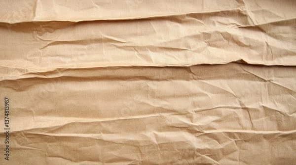 Fototapeta Crumpled brown wrapping paper revealing intricate texture, folding with organic lines and wrinkled patterns, forming abstract visual surface for creative design backgrounds