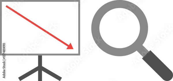 Fototapeta Arrow pointing down on board with magnifier