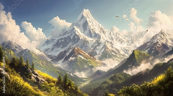 Fototapeta snow-capped peaks, lush valleys, and deep blue skies. The composition captures the spirit of adventure and the beauty of nature. 