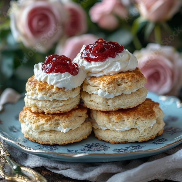 Fototapeta buttery scones with clotted cream and strawberry jam, elegantly placed on a pastel blue ceramic plate, fresh garden roses in the background, soft and airy aesthetic 