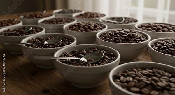Fototapeta A collection of white bowls filled with roasted coffee beans and small spoons on a wooden table top view