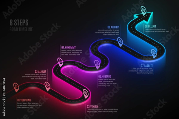 Fototapeta Isometric navigation map infographic 8 steps timeline concept.