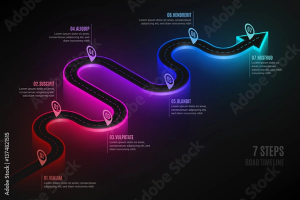 Obraz Isometric navigation map infographic 7 steps timeline concept.