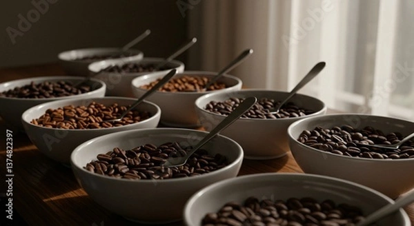 Fototapeta A row of white bowls filled with coffee beans and spoons on a wooden table near a window light