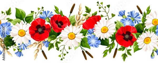 Fototapeta Horizontal seamless border with white daisies, red poppies, blue chicory flowers, and green grass and herbs. Vector floral garland