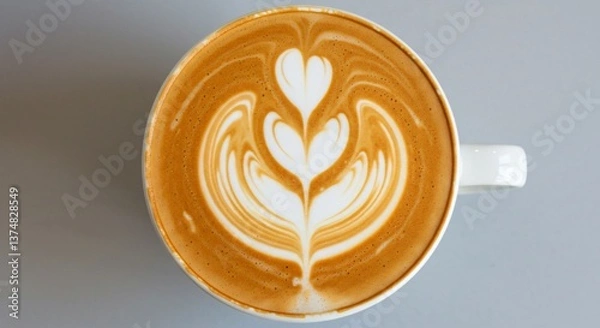 Fototapeta A top view of a cup of coffee with latte art on a grey surface showing a white mug handle