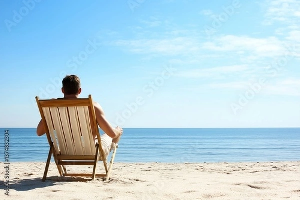 Obraz Man relaxing on beach chair looking at the ocean on a sunny day. Serene and peaceful scene
