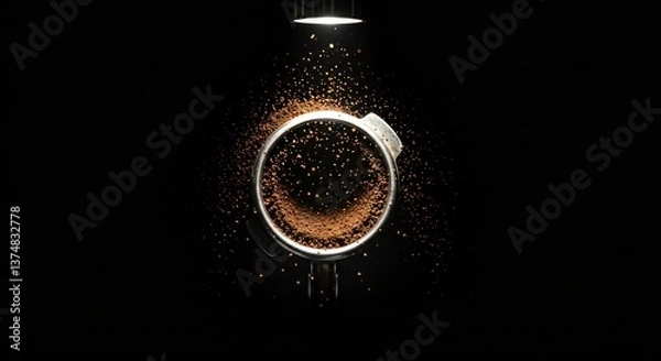 Fototapeta An overhead shot of a coffee portafilter filled with coffee grounds under a bright light source above