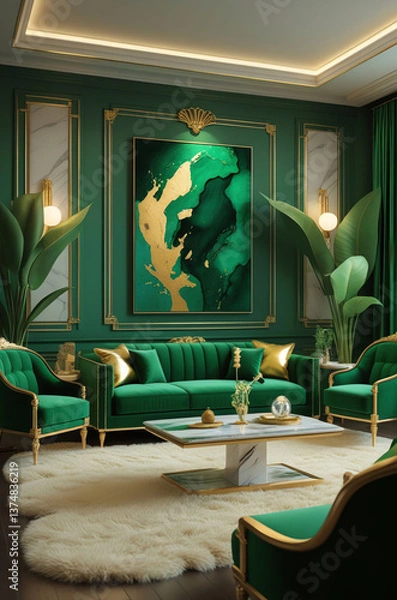 Fototapeta Elegant Green and Gold Lounge with Velvet Seating