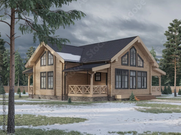 Obraz An exceptionally beautiful wooden house is situated amid extensive snowcovered land and lush evergreen trees